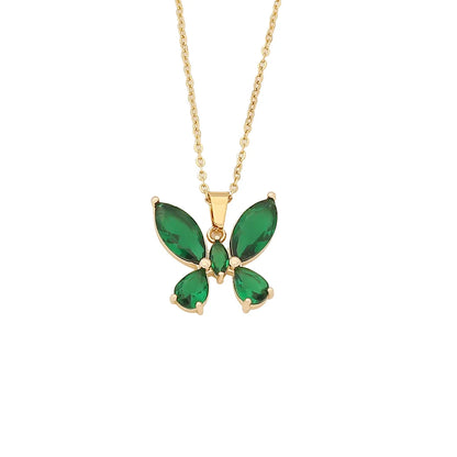 Wholesale IG Style Shiny Butterfly 304 Stainless Steel Inlay 18K Gold Plated Glass Pendant Necklace