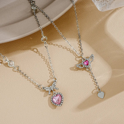 IG Style Shiny Heart Shape Bow Knot Crystal Rhinestones Alloy Wholesale Pendant Necklace