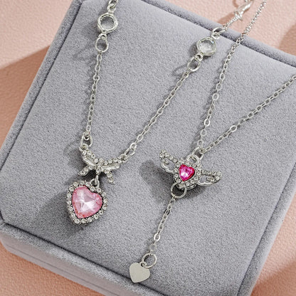 IG Style Shiny Heart Shape Bow Knot Crystal Rhinestones Alloy Wholesale Pendant Necklace