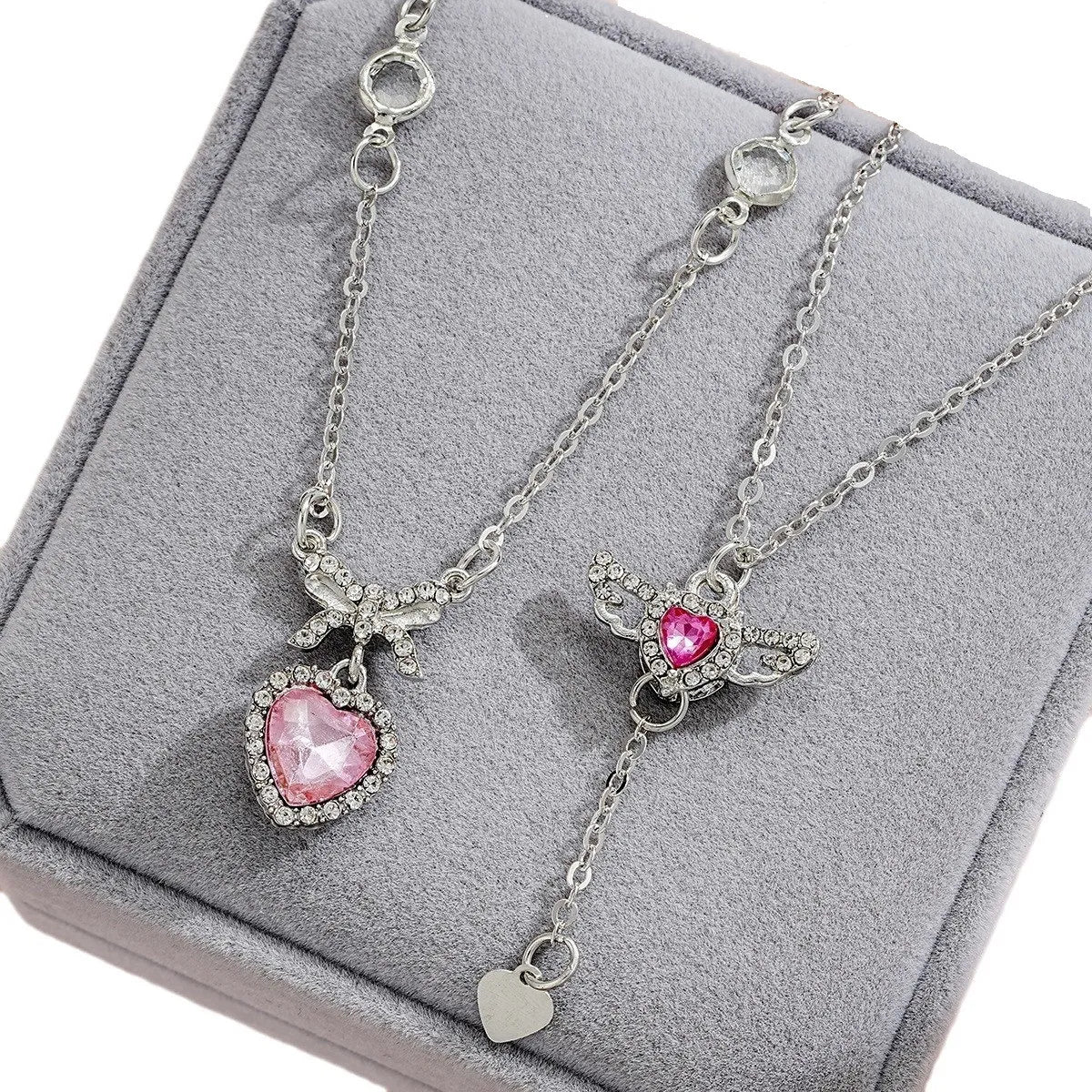 IG Style Shiny Heart Shape Bow Knot Crystal Rhinestones Alloy Wholesale Pendant Necklace