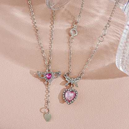 IG Style Shiny Heart Shape Bow Knot Crystal Rhinestones Alloy Wholesale Pendant Necklace