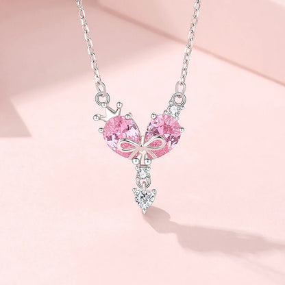 Ig Style Shiny Heart Shape Crown Bow Knot Sterling Silver Polishing Plating Inlay Zircon Pendant Necklace