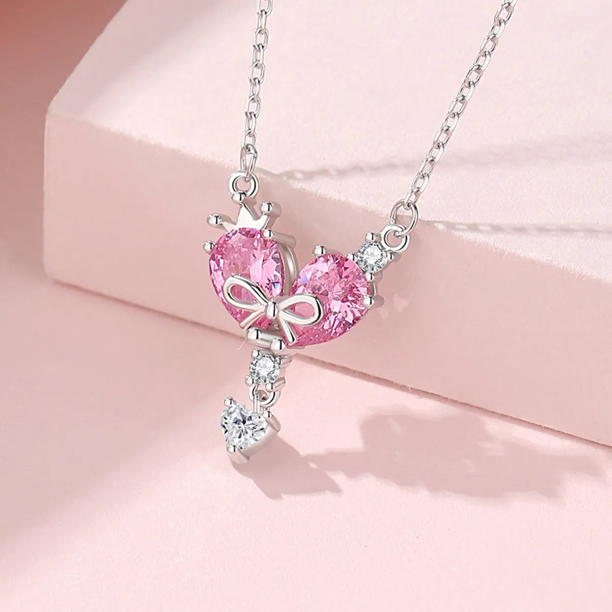 Ig Style Shiny Heart Shape Crown Bow Knot Sterling Silver Polishing Plating Inlay Zircon Pendant Necklace