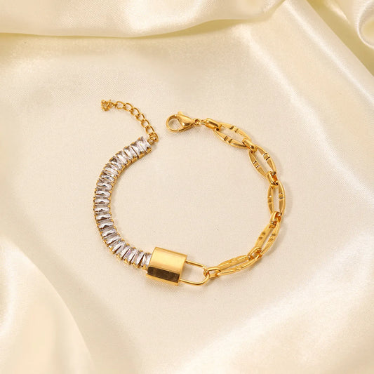 Ig Style Shiny Lock Stainless Steel Plating Inlay Zircon 18k Gold Plated Bracelets