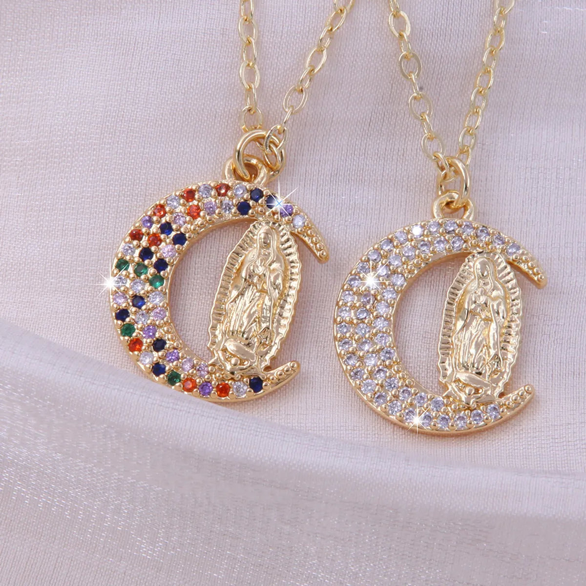 Ig Style Shiny Virgin Mary Moon Copper Plating Inlay Zircon 18k Gold Plated Pendant Necklace