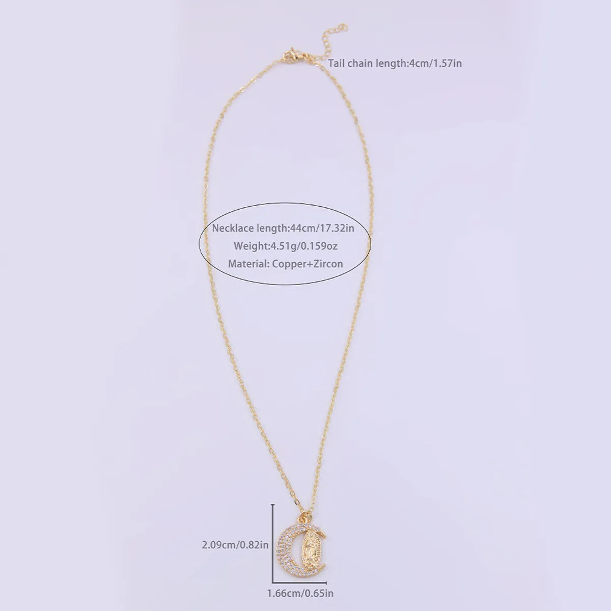 Ig Style Shiny Virgin Mary Moon Copper Plating Inlay Zircon 18k Gold Plated Pendant Necklace