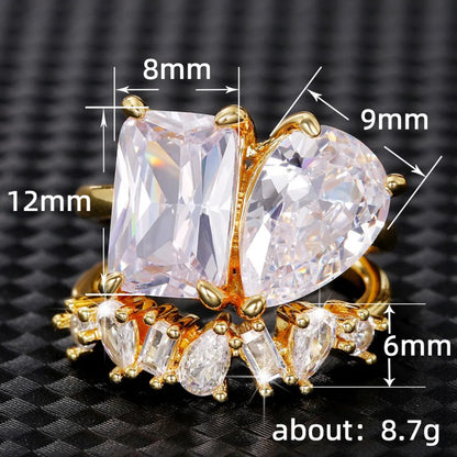 Ig Style Shiny Water Droplets Rectangle Copper Inlay Zircon Rings