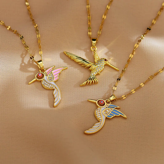 Wholesale Jewelry IG Style Simple Style Bird Titanium Steel Copper Zircon Gold Plated Enamel Plating Inlay Pendant Necklace