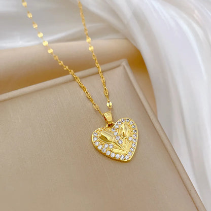 Ig Style Simple Style Commute Heart Shape Flower Titanium Steel Copper Inlay Artificial Gemstones Pendant Necklace