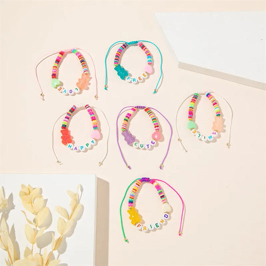 IG Style Simple Style Commute Letter Bear Heart Shape Arylic Soft Clay Wholesale Drawstring Bracelets