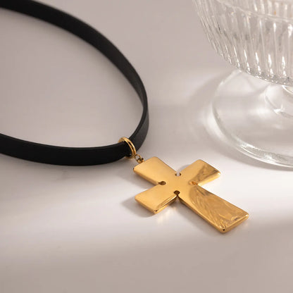 IG Style Simple Style Cross 304 Stainless Steel Leather Rope 18K Gold Plated Women's Pendant Necklace