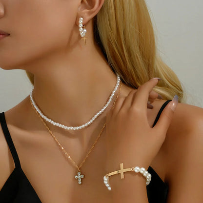 IG Style Simple Style Cross Alloy Pearl Inlay Rhinestones Women'S Jewelry Set