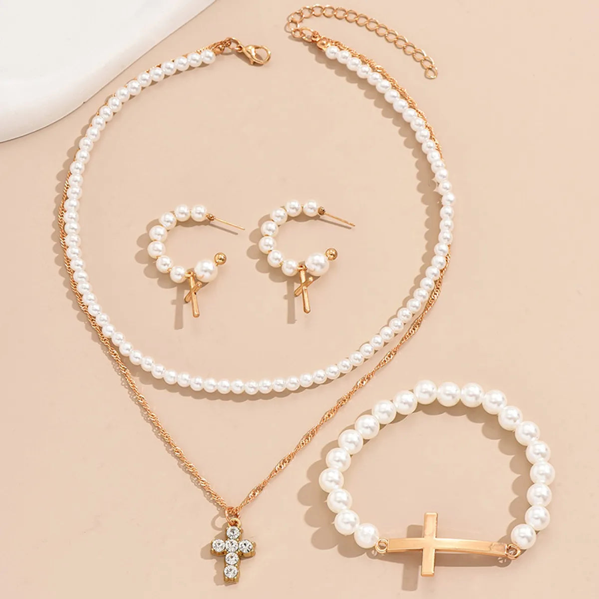 IG Style Simple Style Cross Alloy Pearl Inlay Rhinestones Women'S Jewelry Set