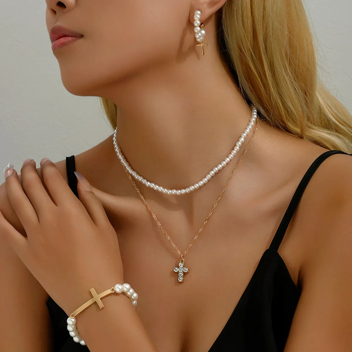 IG Style Simple Style Cross Alloy Pearl Inlay Rhinestones Women'S Jewelry Set