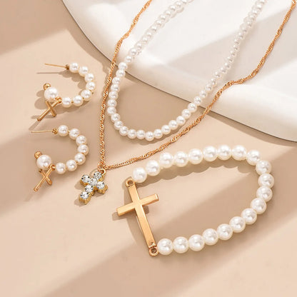 IG Style Simple Style Cross Alloy Pearl Inlay Rhinestones Women'S Jewelry Set