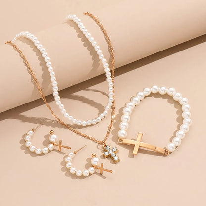 IG Style Simple Style Cross Alloy Pearl Inlay Rhinestones Women'S Jewelry Set