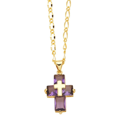 Ig Style Simple Style Cross Copper Plating Inlay Zircon 18k Gold Plated Pendant Necklace