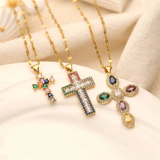 Ig Style Simple Style Cross Copper Plating Inlay Zircon Gold Plated Pendant Necklace