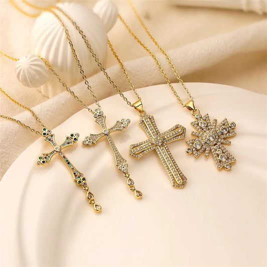 Ig Style Simple Style Cross Copper Plating Inlay Zircon Gold Plated Pendant Necklace