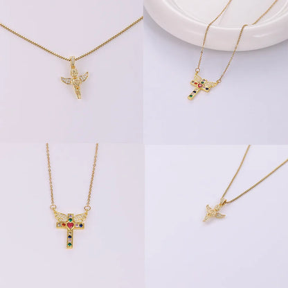 Stainless Steel Copper 18K Gold Plated IG Style Simple Style Plating Inlay Cross Heart Shape Wings Zircon Pendant Necklace