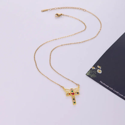 Stainless Steel Copper 18K Gold Plated IG Style Simple Style Plating Inlay Cross Heart Shape Wings Zircon Pendant Necklace