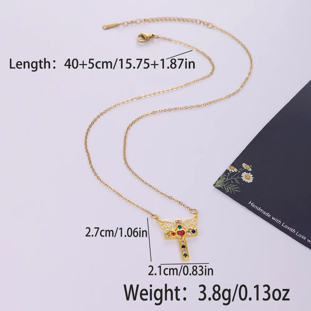 Stainless Steel Copper 18K Gold Plated IG Style Simple Style Plating Inlay Cross Heart Shape Wings Zircon Pendant Necklace