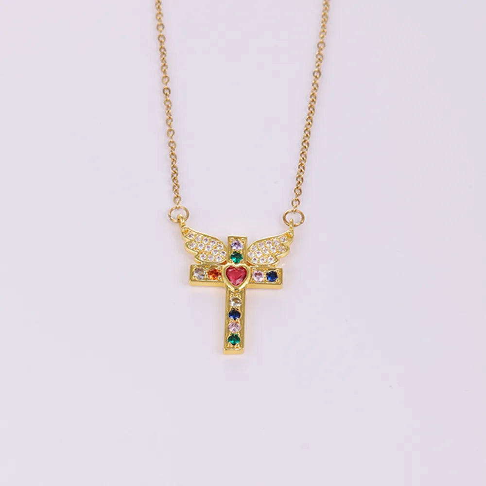 Stainless Steel Copper 18K Gold Plated IG Style Simple Style Plating Inlay Cross Heart Shape Wings Zircon Pendant Necklace