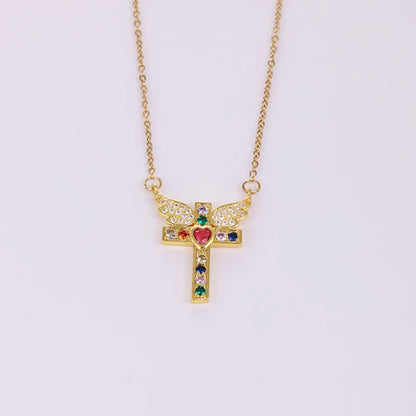 Stainless Steel Copper 18K Gold Plated IG Style Simple Style Plating Inlay Cross Heart Shape Wings Zircon Pendant Necklace