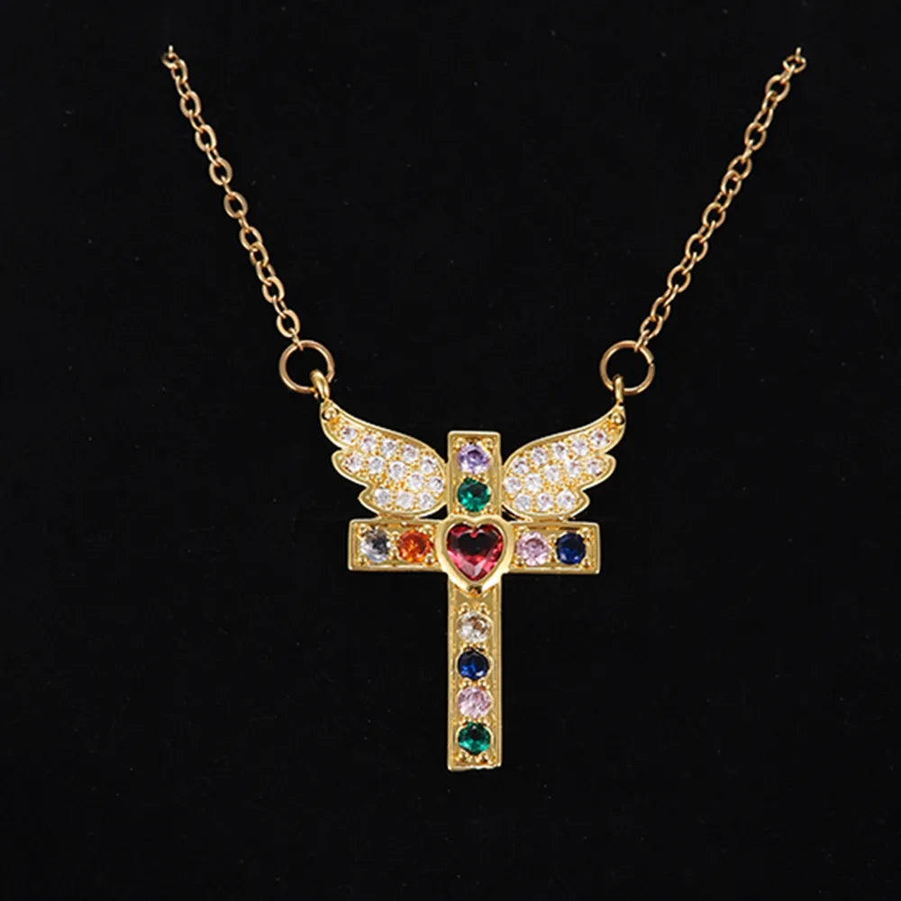 Stainless Steel Copper 18K Gold Plated IG Style Simple Style Plating Inlay Cross Heart Shape Wings Zircon Pendant Necklace