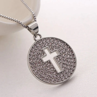 Ig Style Simple Style Cross Round Copper Plating Inlay Zircon Gold Plated Earrings Necklace