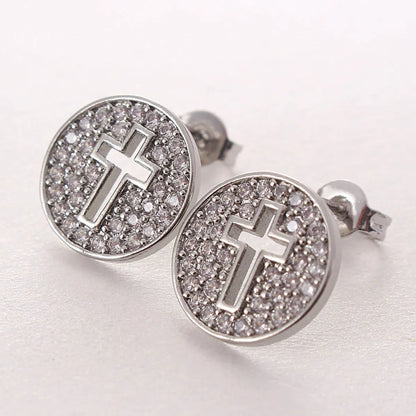 Ig Style Simple Style Cross Round Copper Plating Inlay Zircon Gold Plated Earrings Necklace