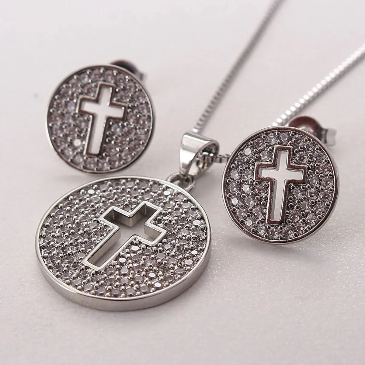 Ig Style Simple Style Cross Round Copper Plating Inlay Zircon Gold Plated Earrings Necklace