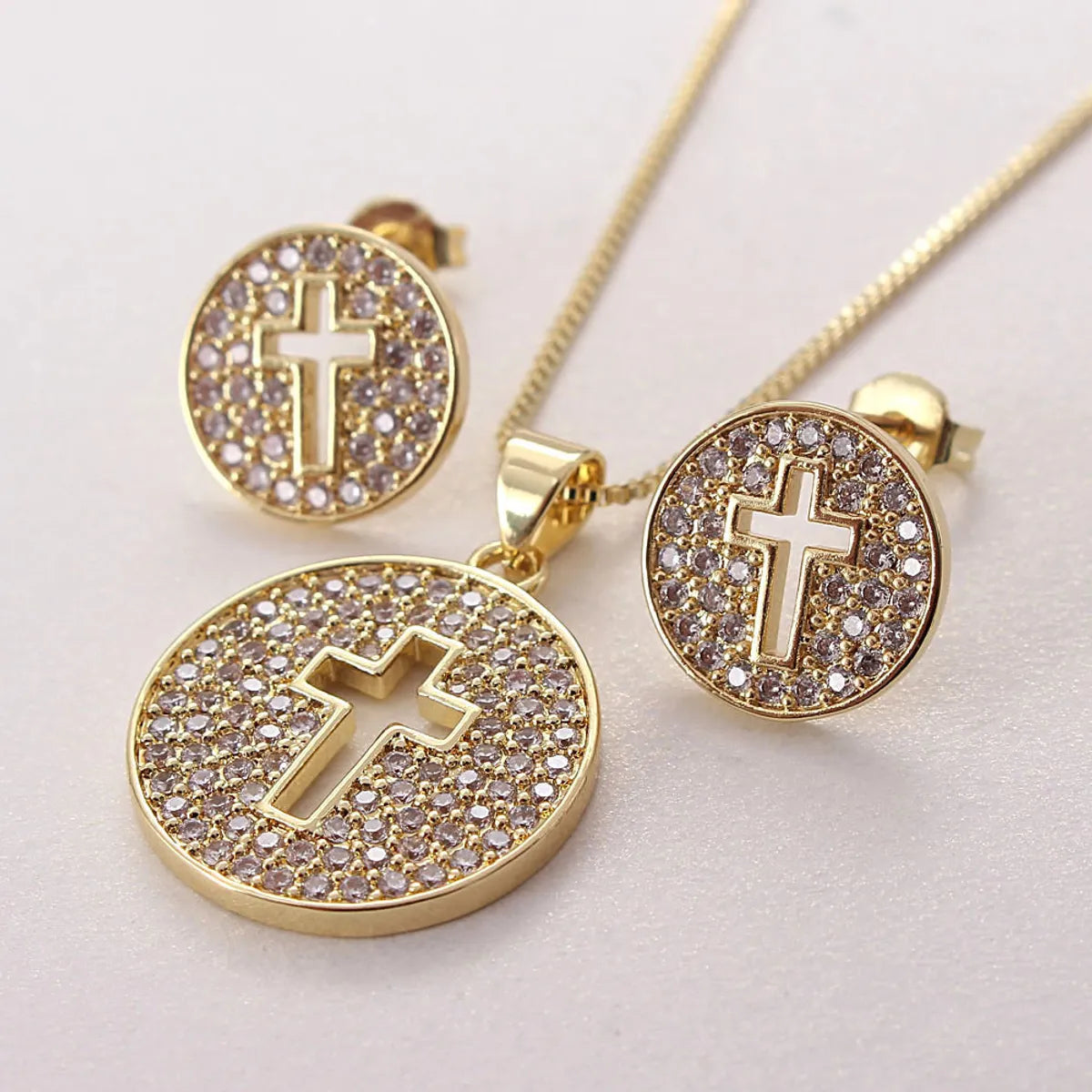 Ig Style Simple Style Cross Round Copper Plating Inlay Zircon Gold Plated Earrings Necklace