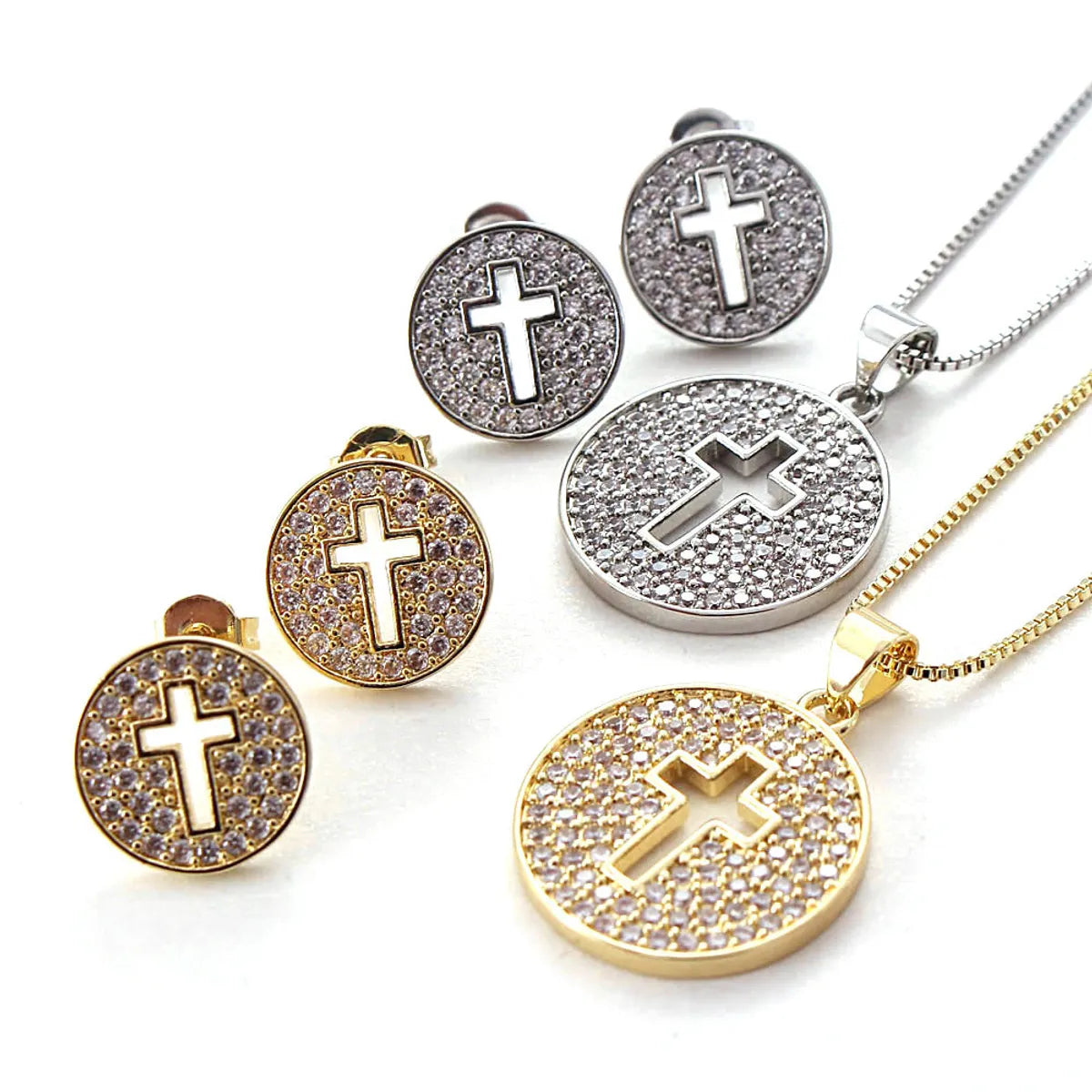 Ig Style Simple Style Cross Round Copper Plating Inlay Zircon Gold Plated Earrings Necklace