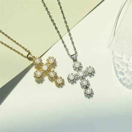 Ig Style Simple Style Cross Stainless Steel Copper Plating Inlay Zircon Gold Plated Pendant Necklace