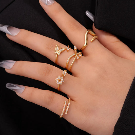 Ig Style Simple Style Flower Snake Butterfly Copper Gold Plated Zircon Open Rings In Bulk