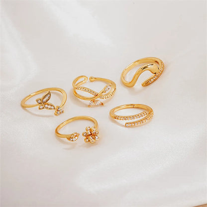 Ig Style Simple Style Flower Snake Butterfly Copper Gold Plated Zircon Open Rings In Bulk