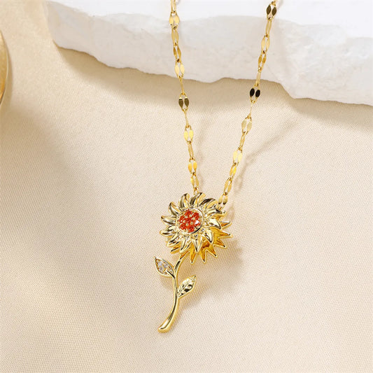 Ig Style Simple Style Flower Stainless Steel Copper Plating Inlay Zircon 18k Gold Plated Pendant Necklace