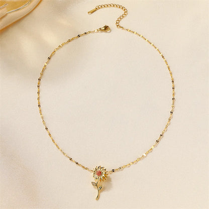 Ig Style Simple Style Flower Stainless Steel Copper Plating Inlay Zircon 18k Gold Plated Pendant Necklace