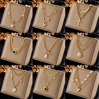 Ig Style Simple Style Geometric Titanium Steel Plating Inlay Artificial Pearls Rhinestones Shell Necklace