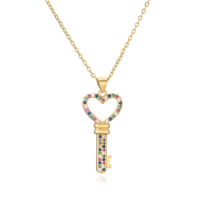 Ig Style Simple Style Heart Shape Key Copper Plating Inlay Zircon Gold Plated Pendant Necklace