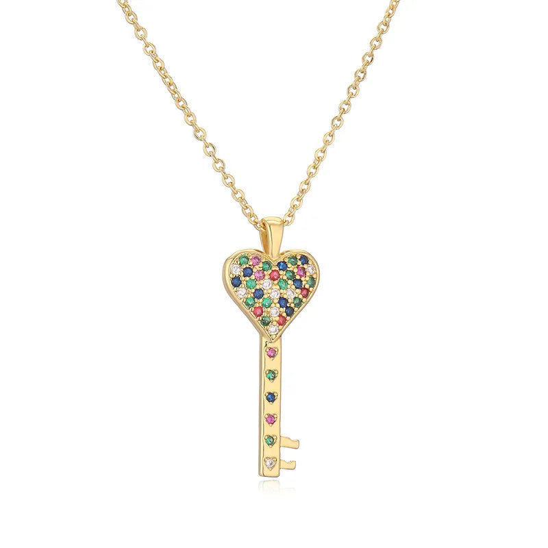 Ig Style Simple Style Heart Shape Key Copper Plating Inlay Zircon Gold Plated Pendant Necklace