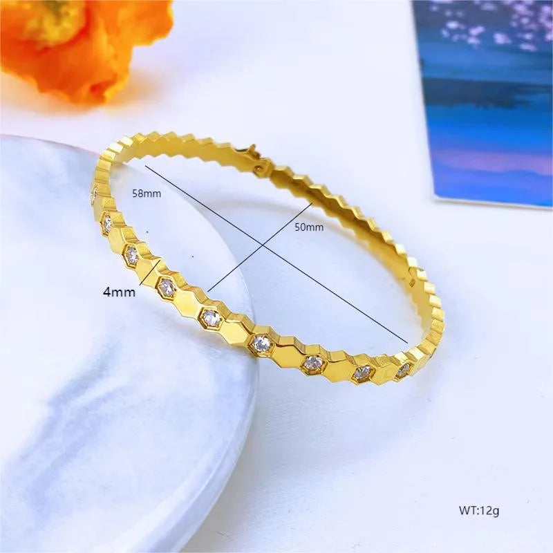 IG Style Simple Style Hexagon 304 Stainless Steel 18K Gold Plated Rose Gold Plated Rhinestones Bangle In Bulk