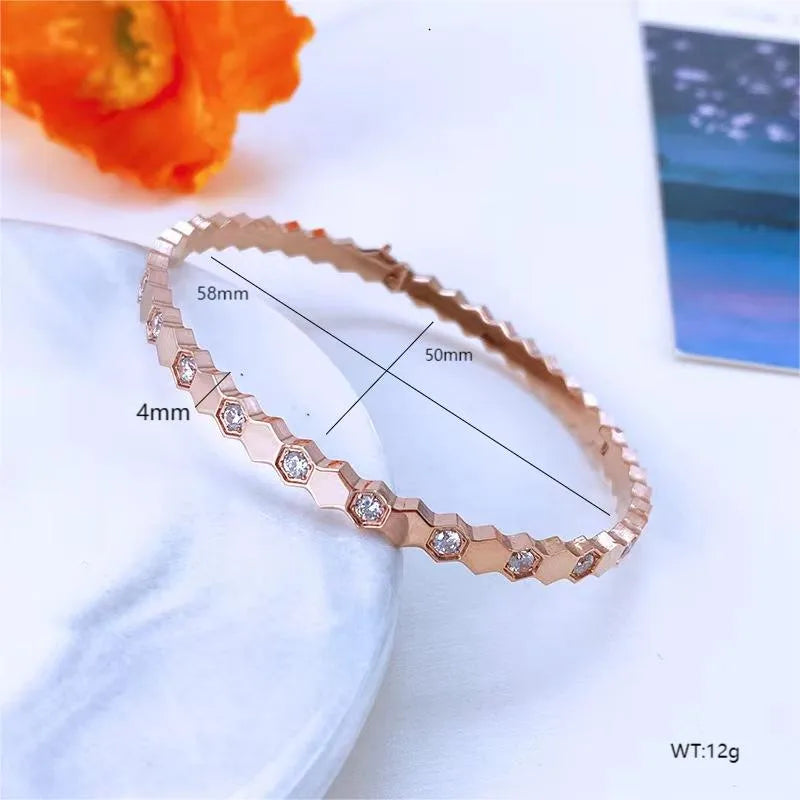 IG Style Simple Style Hexagon 304 Stainless Steel 18K Gold Plated Rose Gold Plated Rhinestones Bangle In Bulk