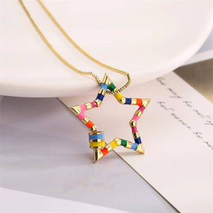 Ig Style Simple Style Pentagram Rainbow Heart Shape Copper Enamel Plating Inlay Zircon Gold Plated Pendant Necklace