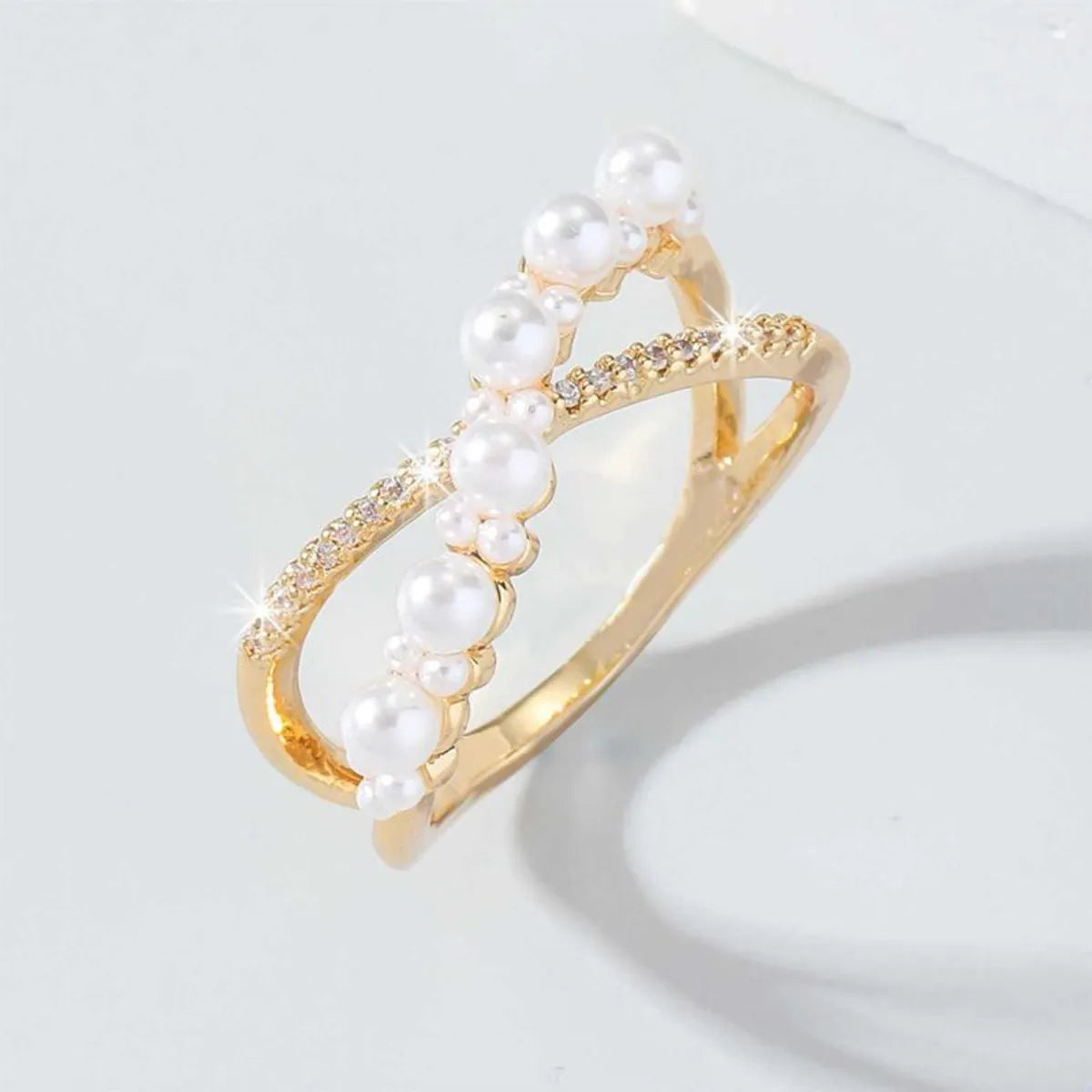 Ig Style Simple Style Round Copper Plating Inlay Pearl Zircon 18k Gold Plated Rings