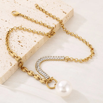 Ig Style Simple Style Round Imitation Pearl Titanium Steel Plating Inlay Zircon Gold Plated Pendant Necklace