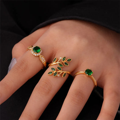 Ig Style Simple Style Round Leaves Copper Zircon Open Rings In Bulk