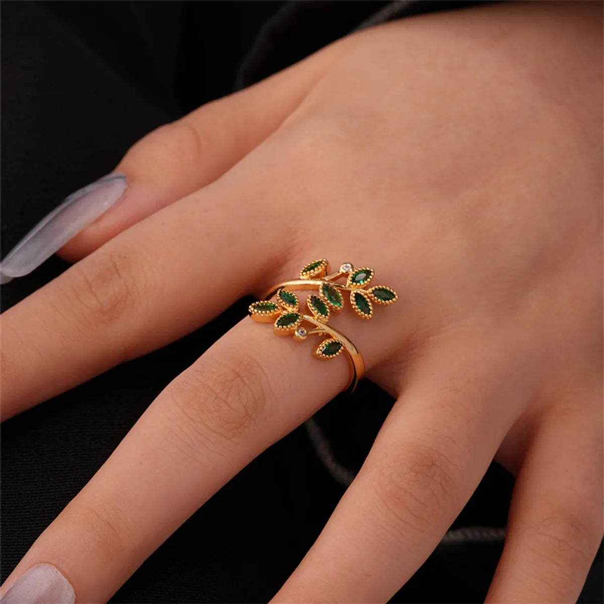 Ig Style Simple Style Round Leaves Copper Zircon Open Rings In Bulk