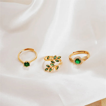 Ig Style Simple Style Round Leaves Copper Zircon Open Rings In Bulk